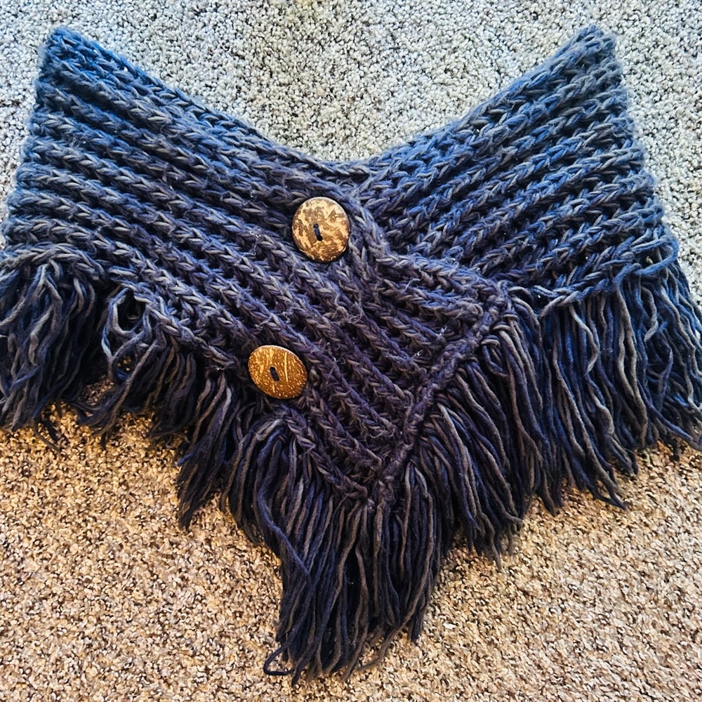 Fringe Collar Scarf with Oversized Button Detail